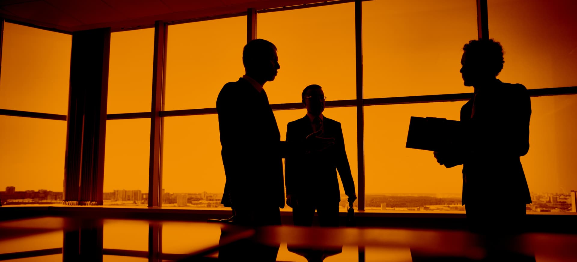 Silhouetten von Beraterpersönlichkeiten im Gespräch vor einer sonnendurchfluteten Fensterfront.